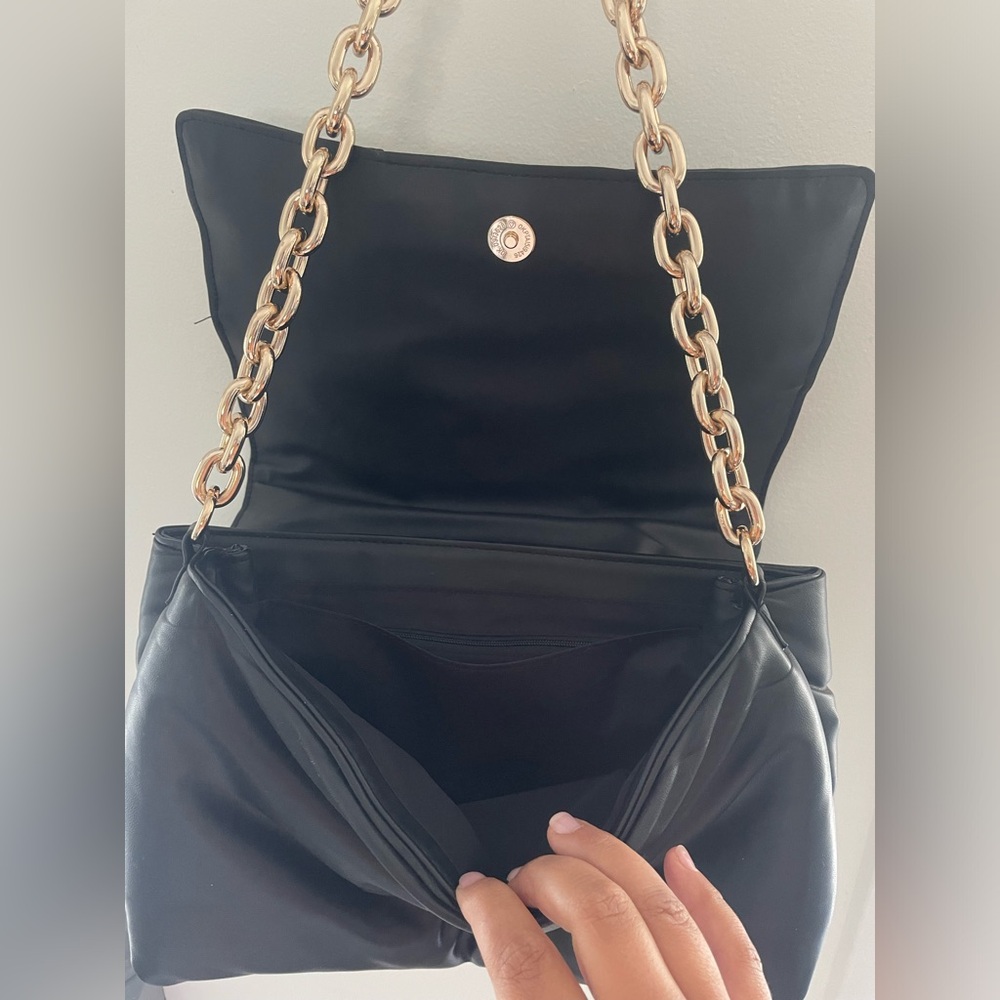 Black Quilted Puffy Vegan Leather Shoulder Bag with Gold Chain Strap - Picture 7 of 7